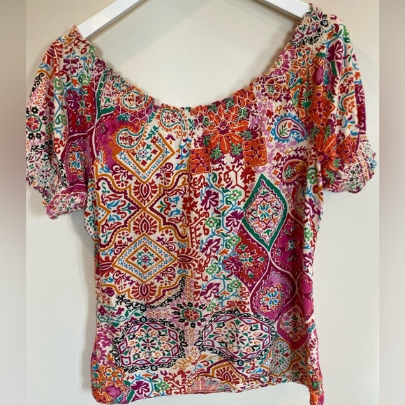 Lauren RALPH LAUREN Smocked Lightweight Colorful Moroccan Print Top Small - Picture 5 of 5